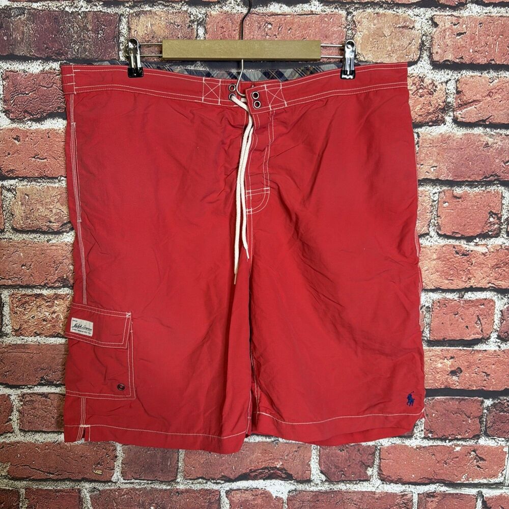 Vtg Polo Ralph Lauren Swim Trunk Shorts Men Sz XXL 2X Red Navy Pony Cargo Pocket